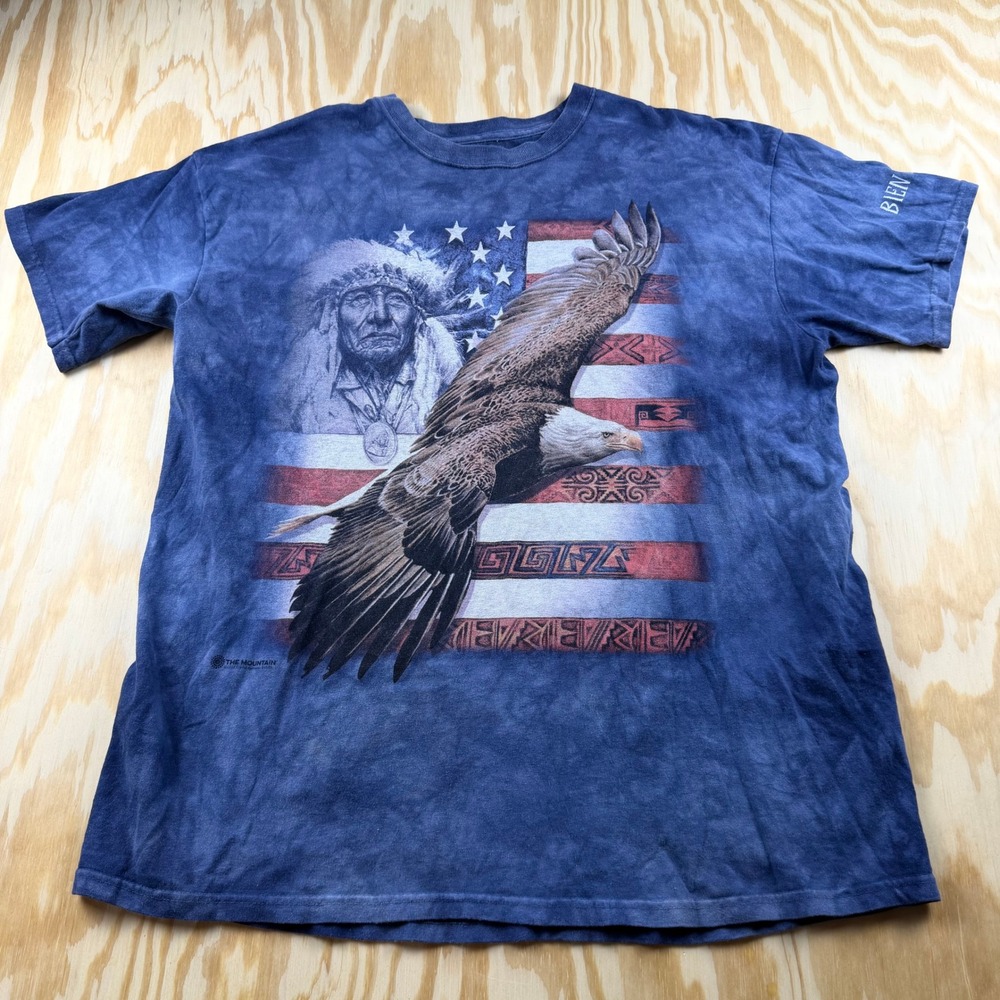 The Mountain Mens 2XL Blue Tie Dye Eagle Native American Flag T-Shirt Bien Mur